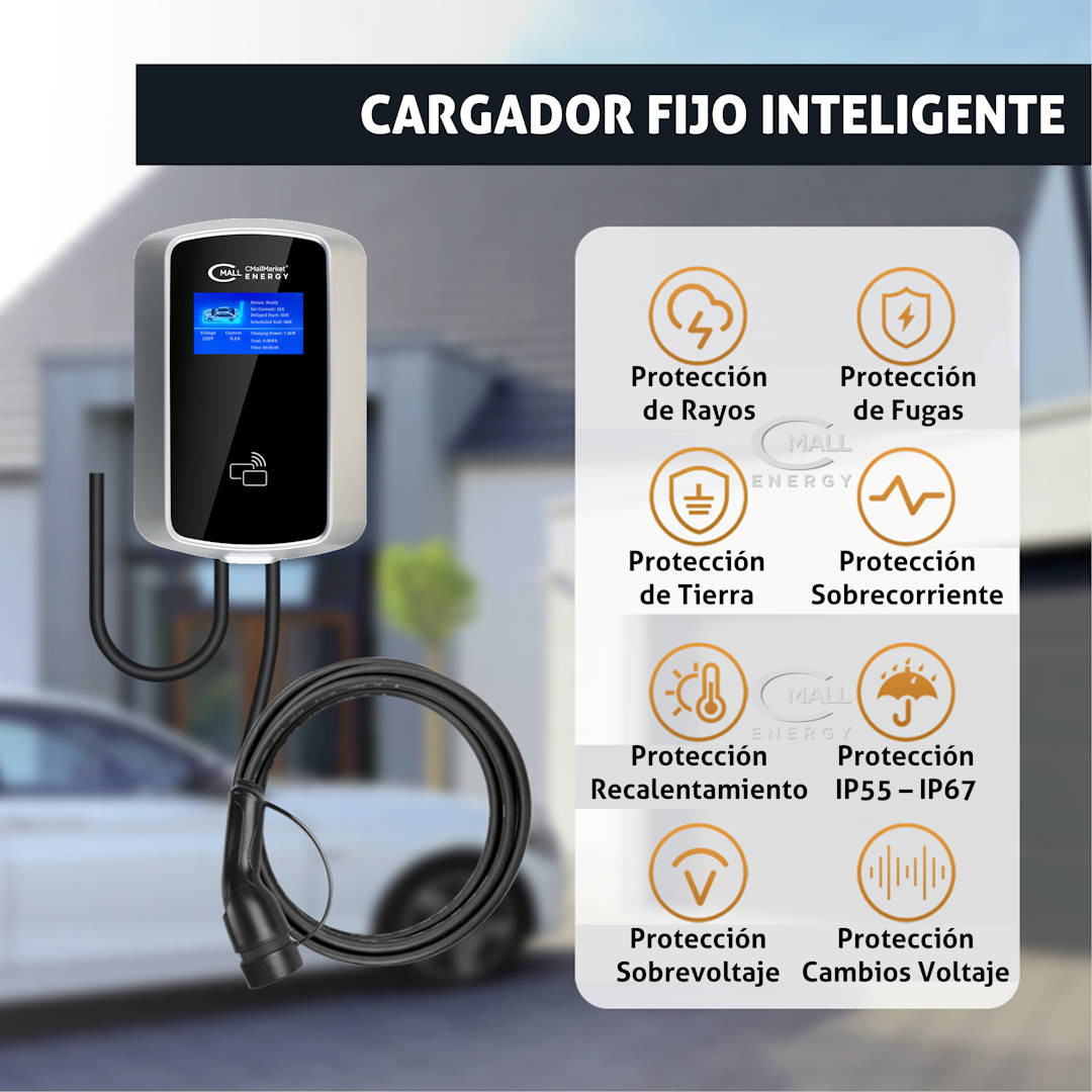 Cargador Fijo Inteligente 7kW OCPP (Estacion Carga tipo wall box) AC Tipo 1, Tipo 2 o GB/T Vehiculos Electricos EV Hibridos PHEV CMall ENERGY CME
