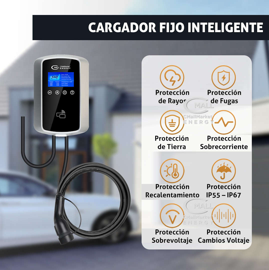 Cargador Fijo Inteligente 7kW (Estacion Carga tipo wall box) AC Tipo 2 (IEC 62196-2 Mennekes) Vehiculos Electricos EV Hibridos PHEV CMall ENERGY CME