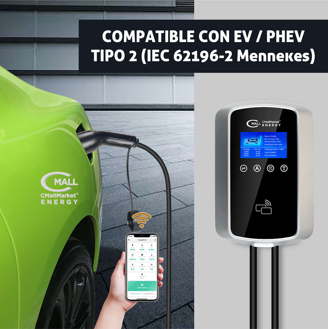 Cargador Fijo Inteligente 7kW (Estacion Carga tipo wall box) AC Tipo 2 (IEC 62196-2 Mennekes) Vehiculos Electricos EV Hibridos PHEV CMall ENERGY CME