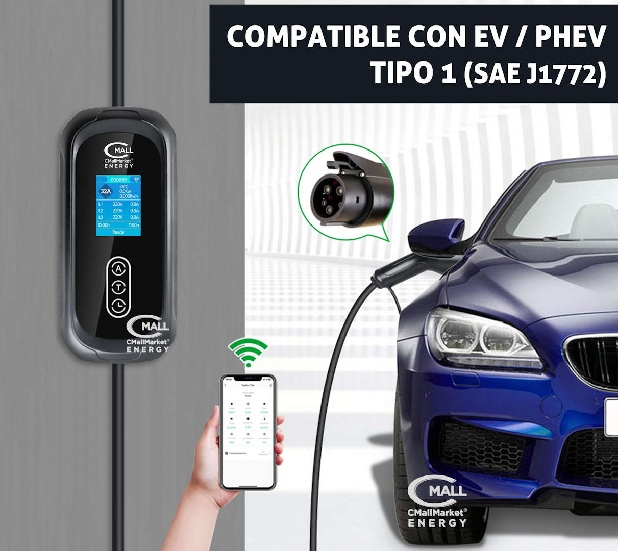 Cargador Portatil Inteligente 7kW (Cargador Viajero) AC Tipo 1 (SAE J1772) Vehiculos Electricos EV e Hibridos PHEV - CMall ENERGY CME
