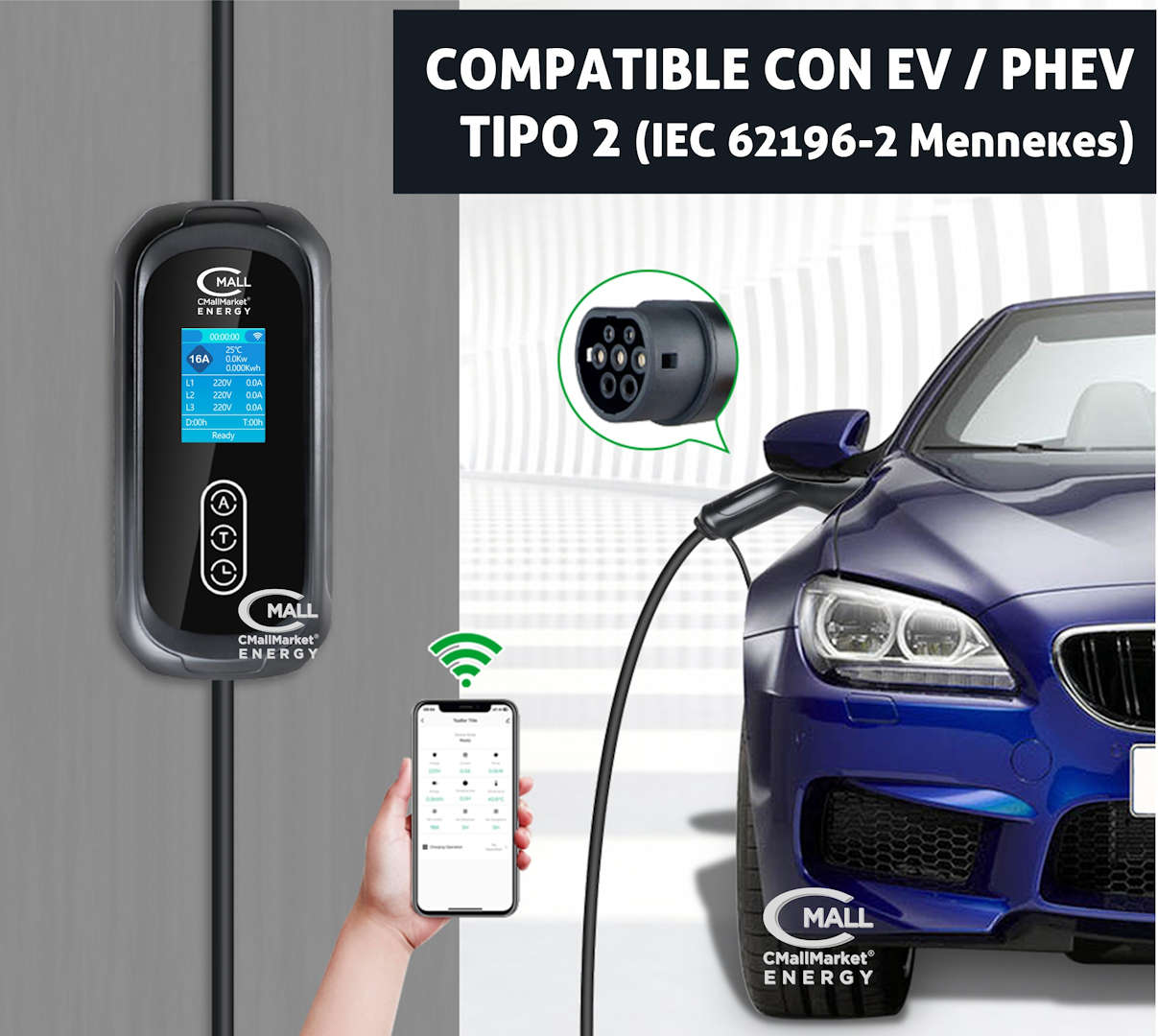 Cargador Portatil Inteligente 3.5kW (Cargador Viajero) AC Tipo 2 (IEC 62196-2 Mennekes) Vehiculos Electricos EV e Hibridos PHEV - CMall ENERGY CME
