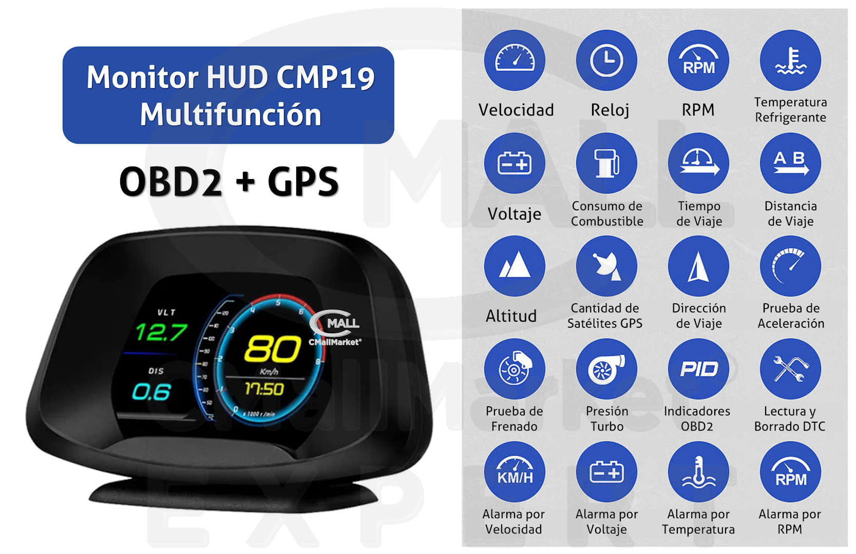 Monitor HUD OBD2 GPS CMP19 Computador de Viaje Indicadores Relojes Testigos CMall Market ® EXPERT