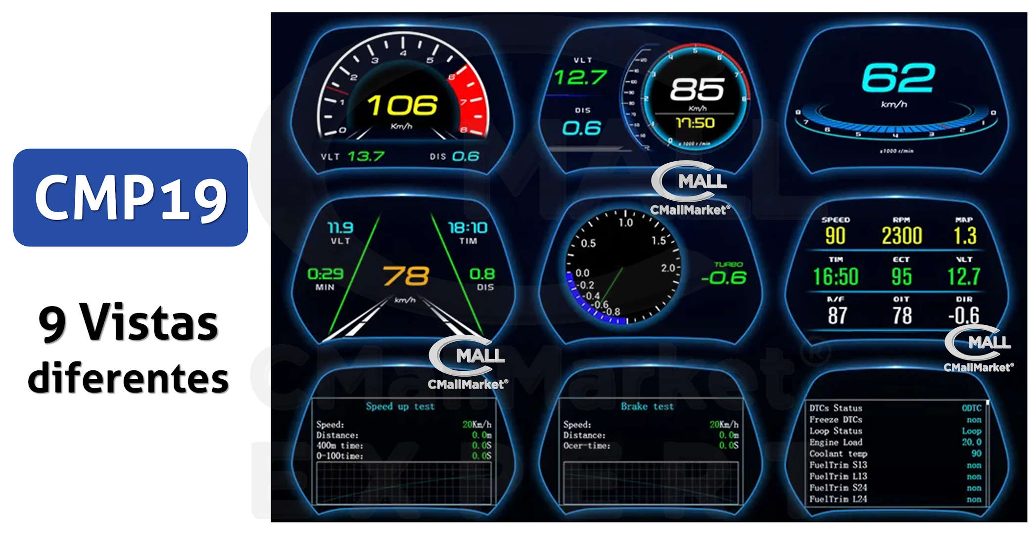 Monitor HUD OBD2 GPS CMP19 Computador de Viaje Indicadores Relojes Testigos CMall Market ® EXPERT