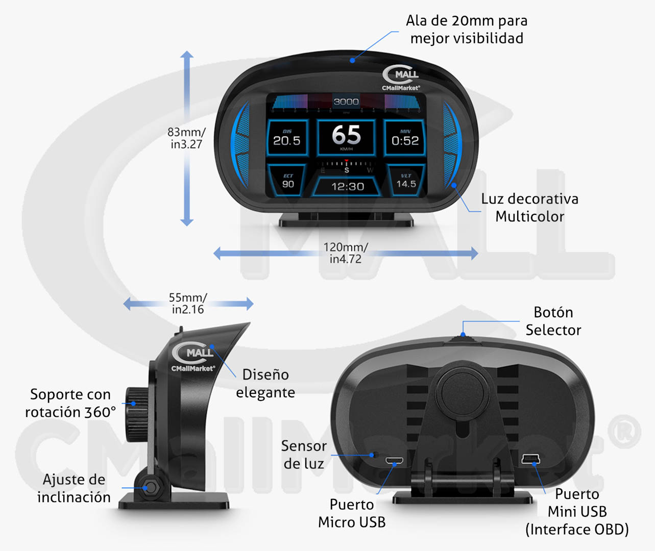 Monitor HUD OBD2 CAN GPS CMP2 Computador de Viaje Indicadores Relojes Testigos CMall Market ®