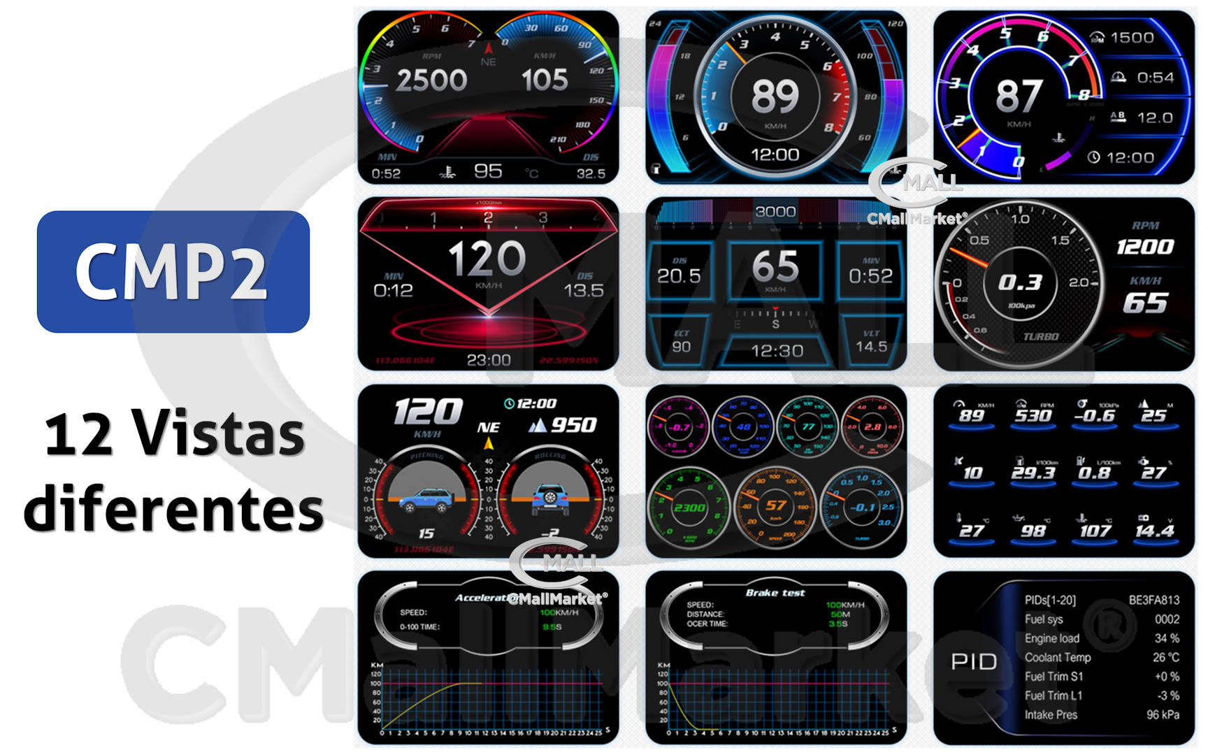 Monitor HUD OBD2 CAN GPS CMP2 Computador de Viaje Indicadores Relojes Testigos CMall Market ®