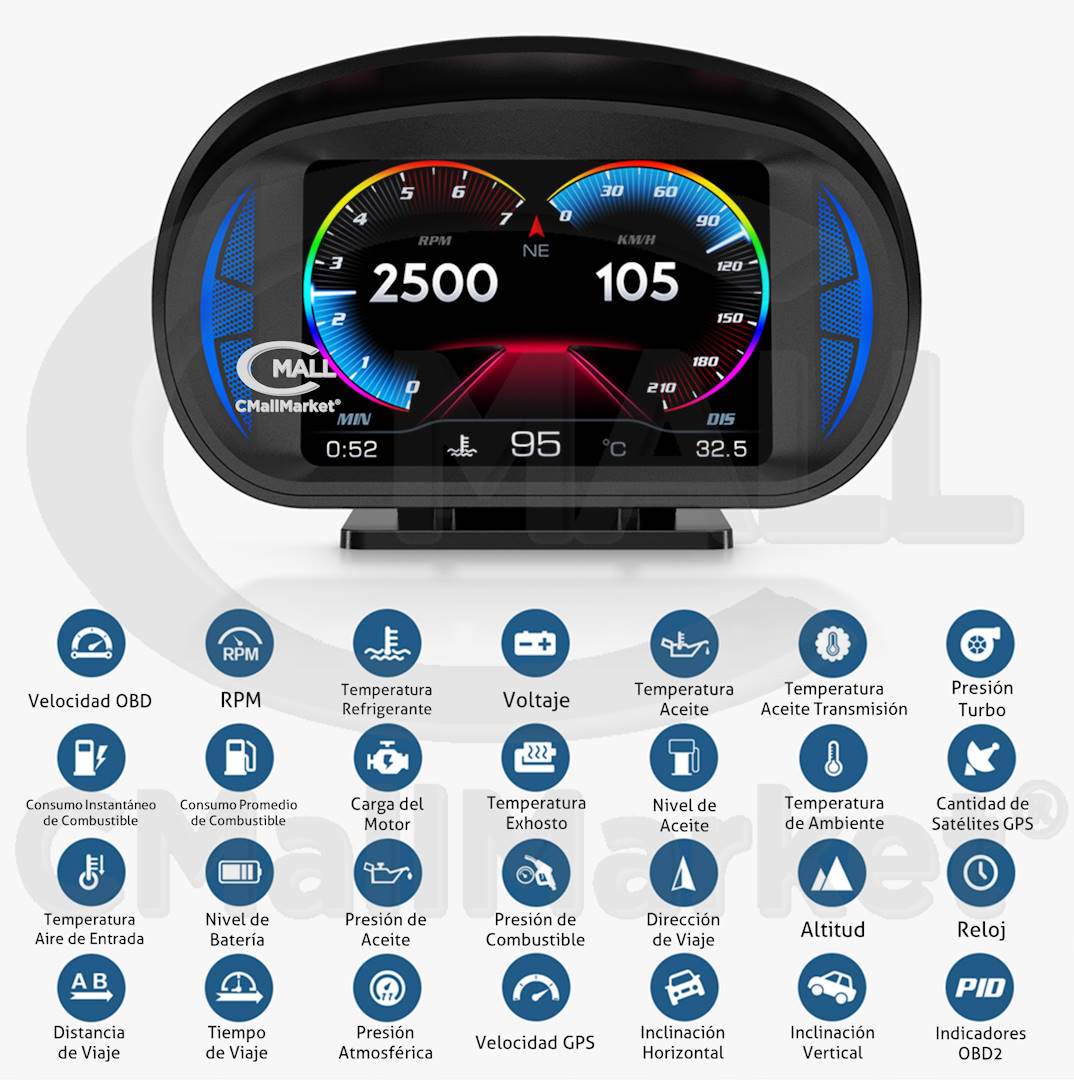 Monitor HUD OBD2 CAN GPS CMP2 Computador de Viaje Indicadores Relojes Testigos CMall Market ®
